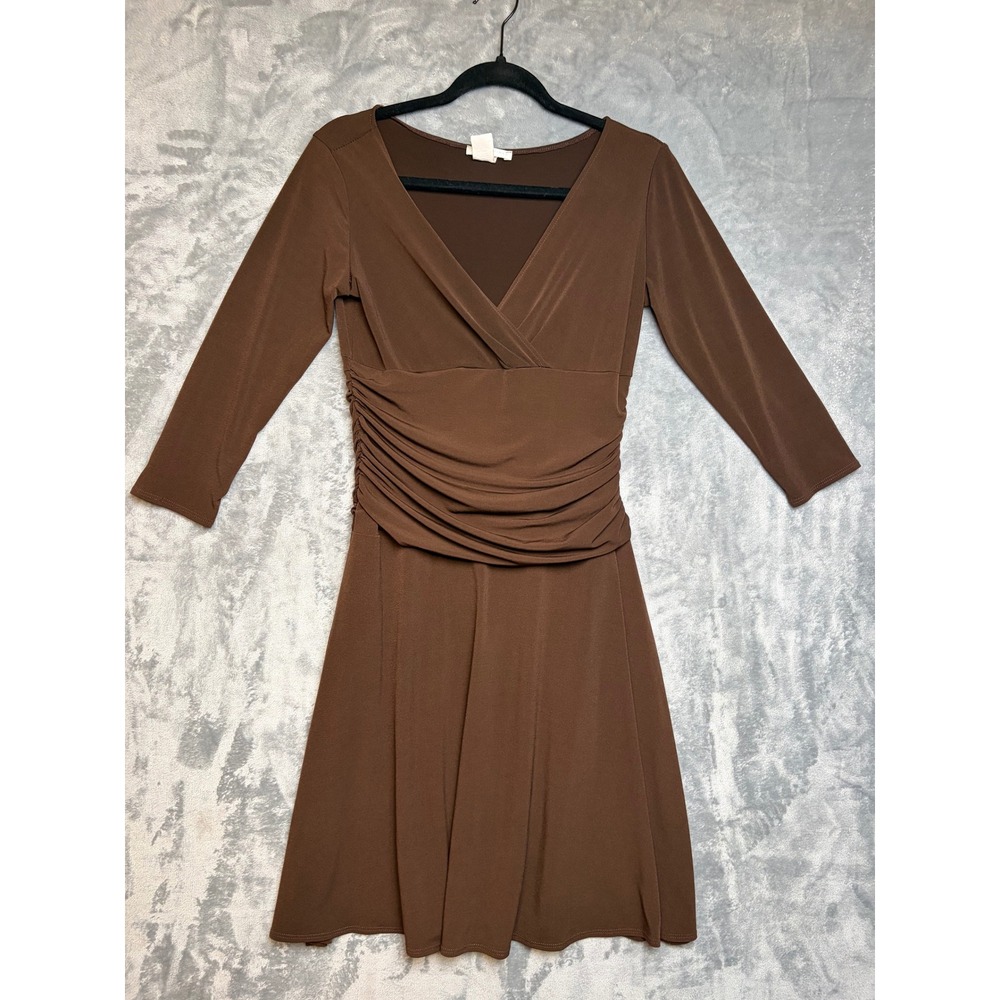 London Times Brown Ruched Faux Wrap Dress V-Neck 3/4 Sleeve A-Line Size 10